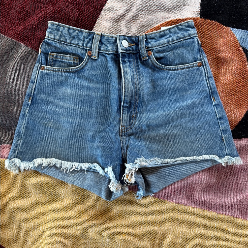 Monki Blue Jean Shorts with Distressed Hem